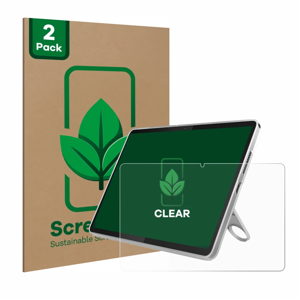 Parte frontal de un envase de producto con el logotipo de la marca ScreenLeaf. Al lado se muestra el dispositivo Lenovo Tab 10