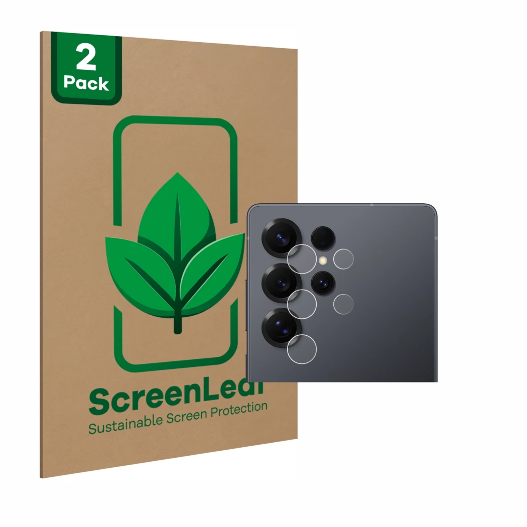 Parte frontal de un envase de producto con el logotipo de la marca ScreenLeaf. Al lado se muestra el dispositivo Samsung Galax