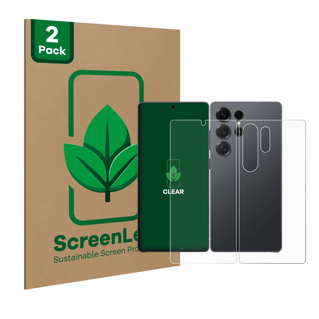 Parte frontal de un envase de producto con el logotipo de la marca ScreenLeaf. Al lado se muestra el dispositivo Samsung Galax