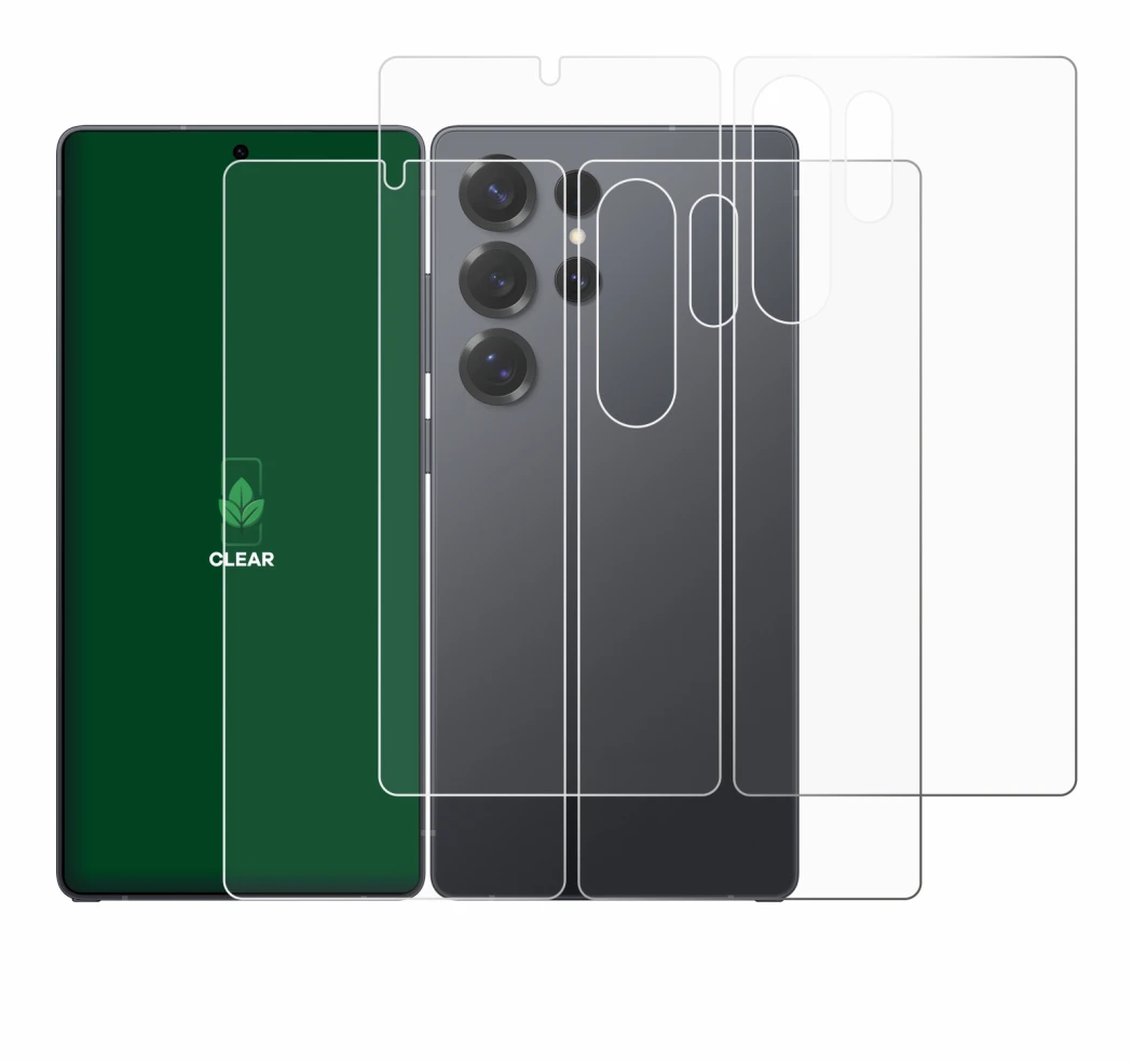 Imagen del dispositivo Samsung Galaxy S25 Ultra (Frontal+Trasero) con una amplia variedad de protectores de pantalla.