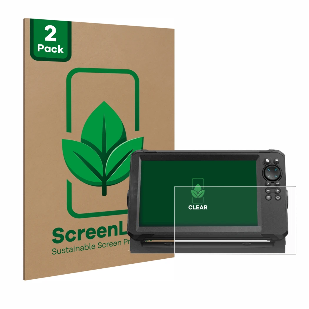 Parte frontal de un envase de producto con el logotipo de la marca ScreenLeaf. Al lado se muestra el dispositivo Lowrance Eagl