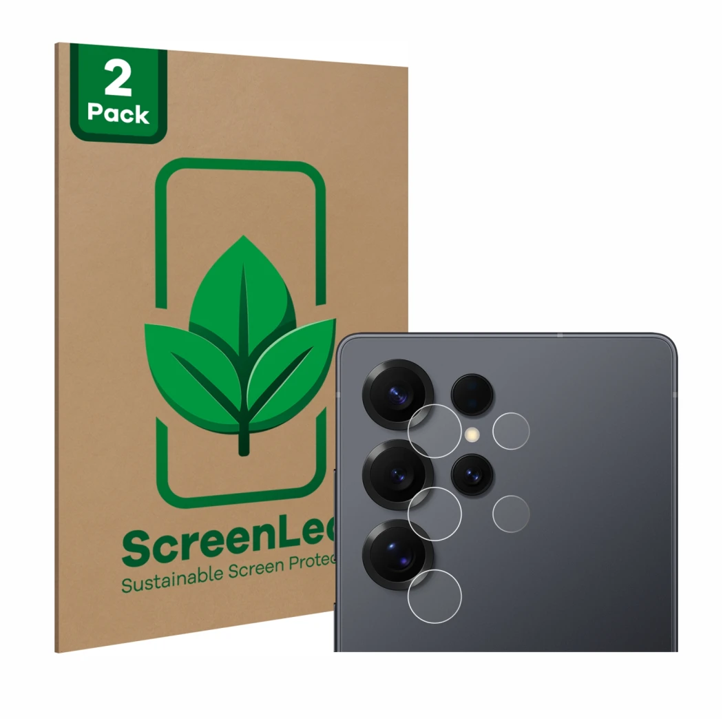 Parte frontal de un envase de producto con el logotipo de la marca ScreenLeaf. Al lado se muestra el dispositivo Samsung Galax