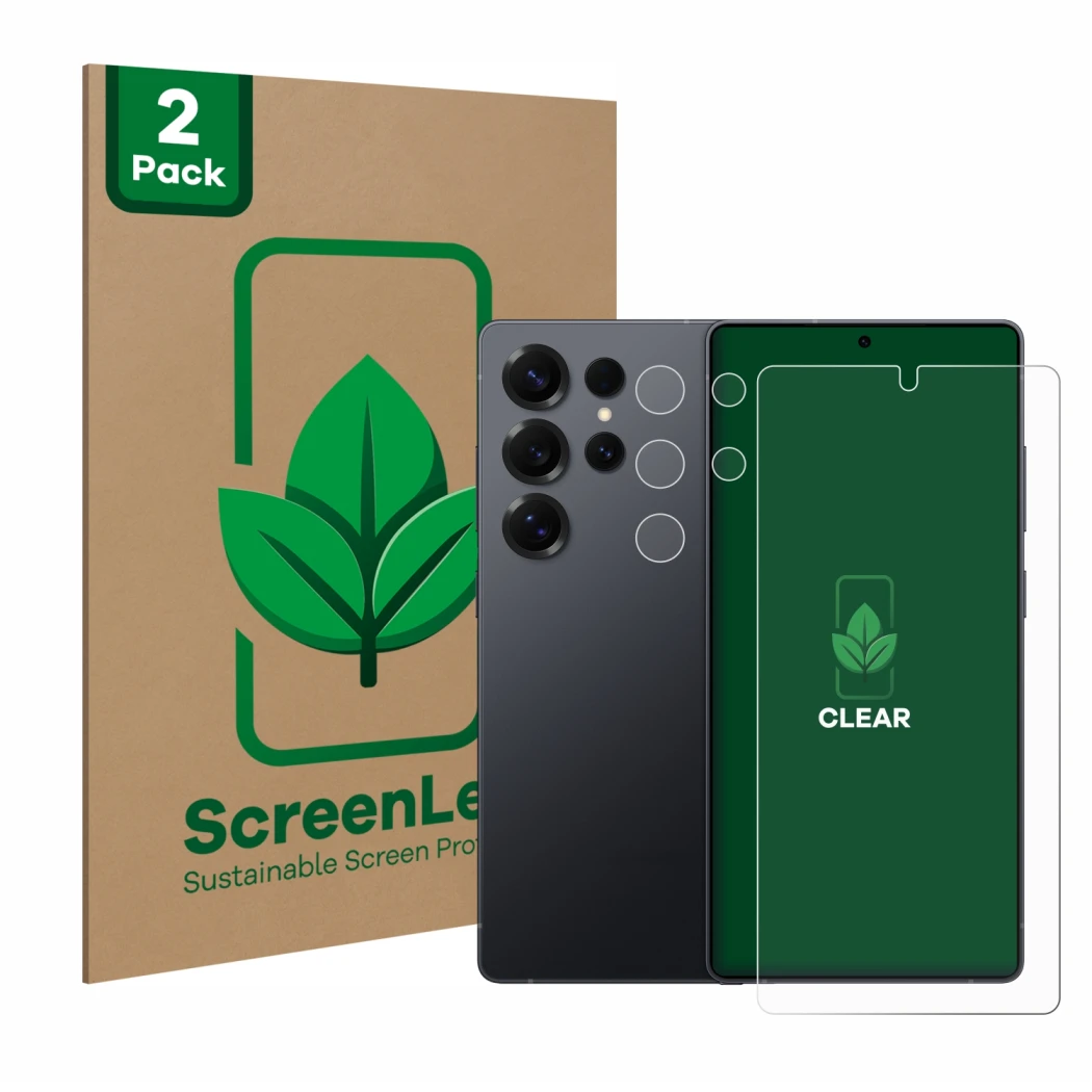 Parte frontal de un envase de producto con el logotipo de la marca ScreenLeaf. Al lado se muestra el dispositivo Samsung Galax