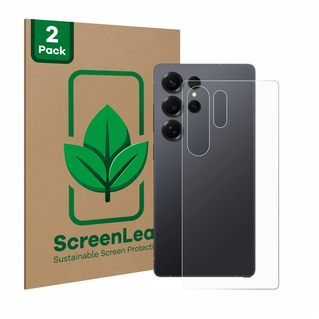 Parte frontal de un envase de producto con el logotipo de la marca ScreenLeaf. Al lado se muestra el dispositivo Samsung Galax