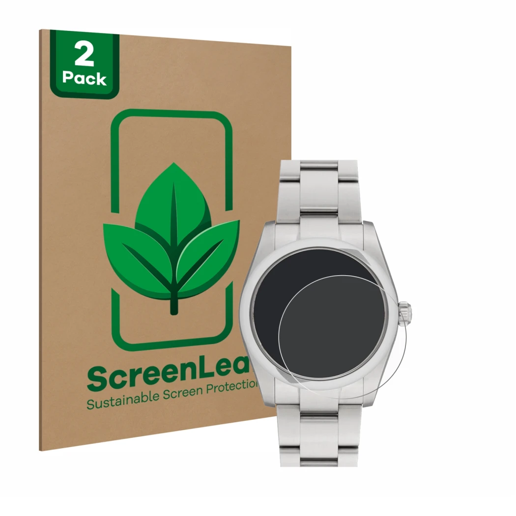 Parte frontal de un envase de producto con el logotipo de la marca ScreenLeaf. Al lado se muestra el dispositivo Rolex Oyster 