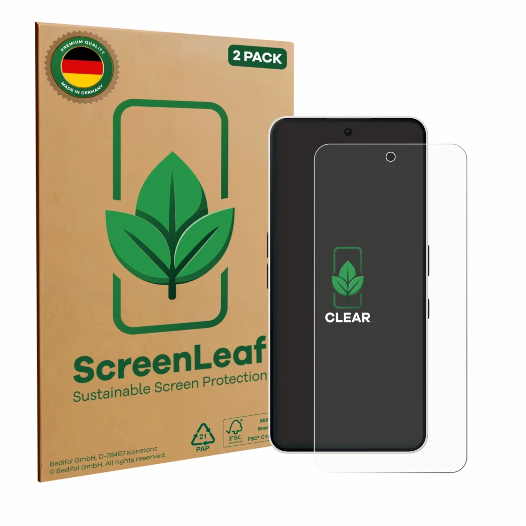 Parte frontal de un envase de producto con el logotipo de la marca ScreenLeaf. Al lado se muestra el dispositivo Nothing Phone