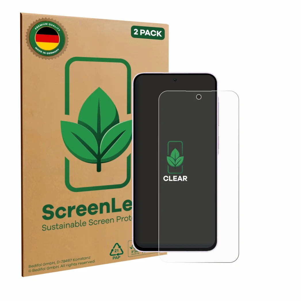 Parte frontal de un envase de producto con el logotipo de la marca ScreenLeaf. Al lado se muestra el dispositivo Samsung Galax