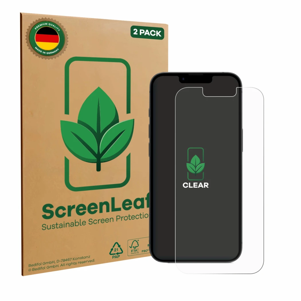 Parte frontal de un envase de producto con el logotipo de la marca ScreenLeaf. Al lado se muestra el dispositivo Apple iPhone 