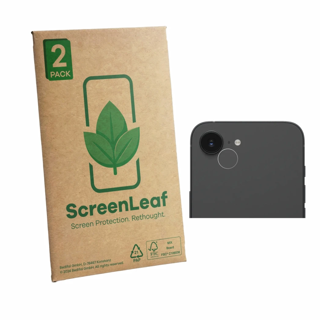 Parte frontal de un envase de producto con el logotipo de la marca ScreenLeaf. Al lado se muestra el dispositivo Apple iPhone 