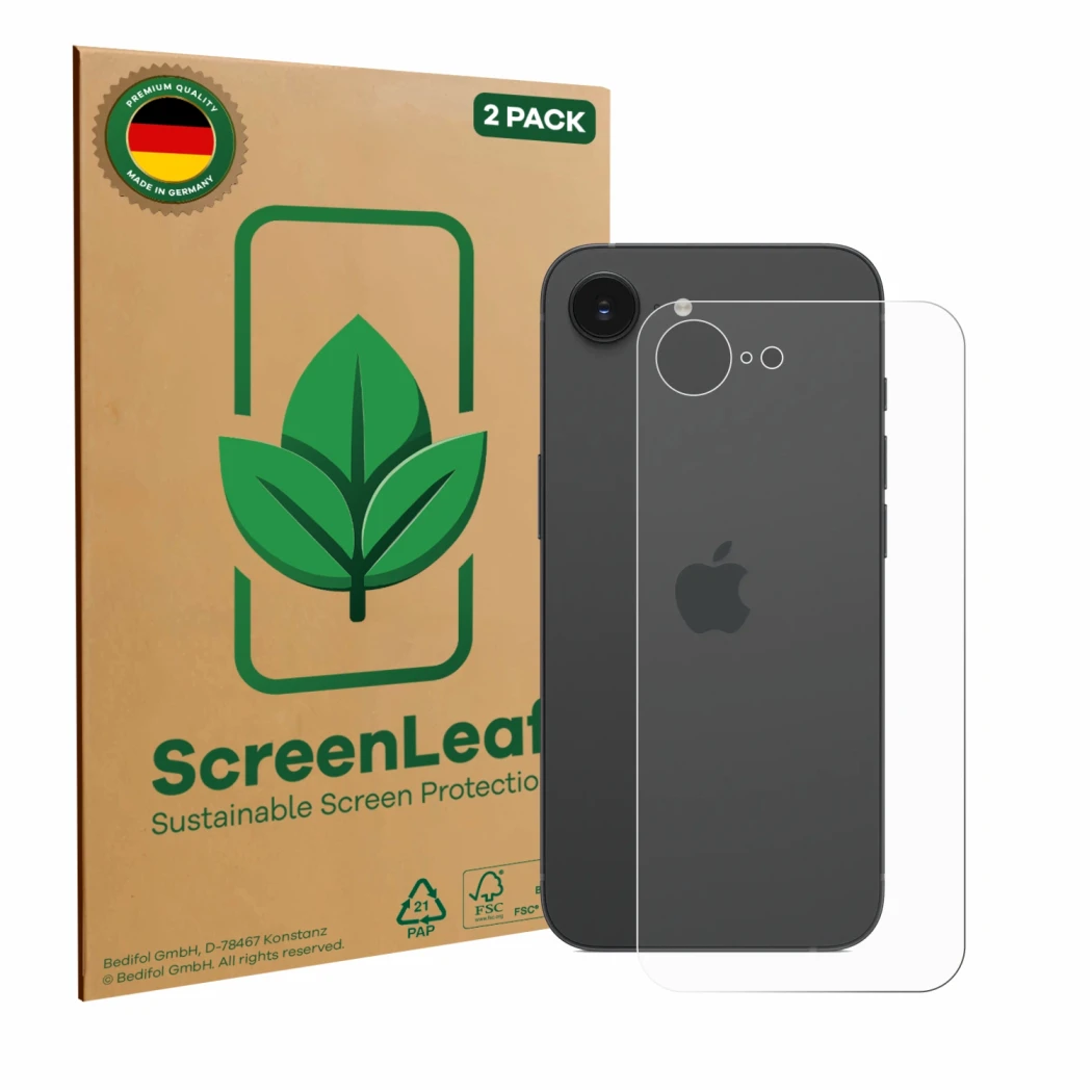 Parte frontal de un envase de producto con el logotipo de la marca ScreenLeaf. Al lado se muestra el dispositivo Apple iPhone 
