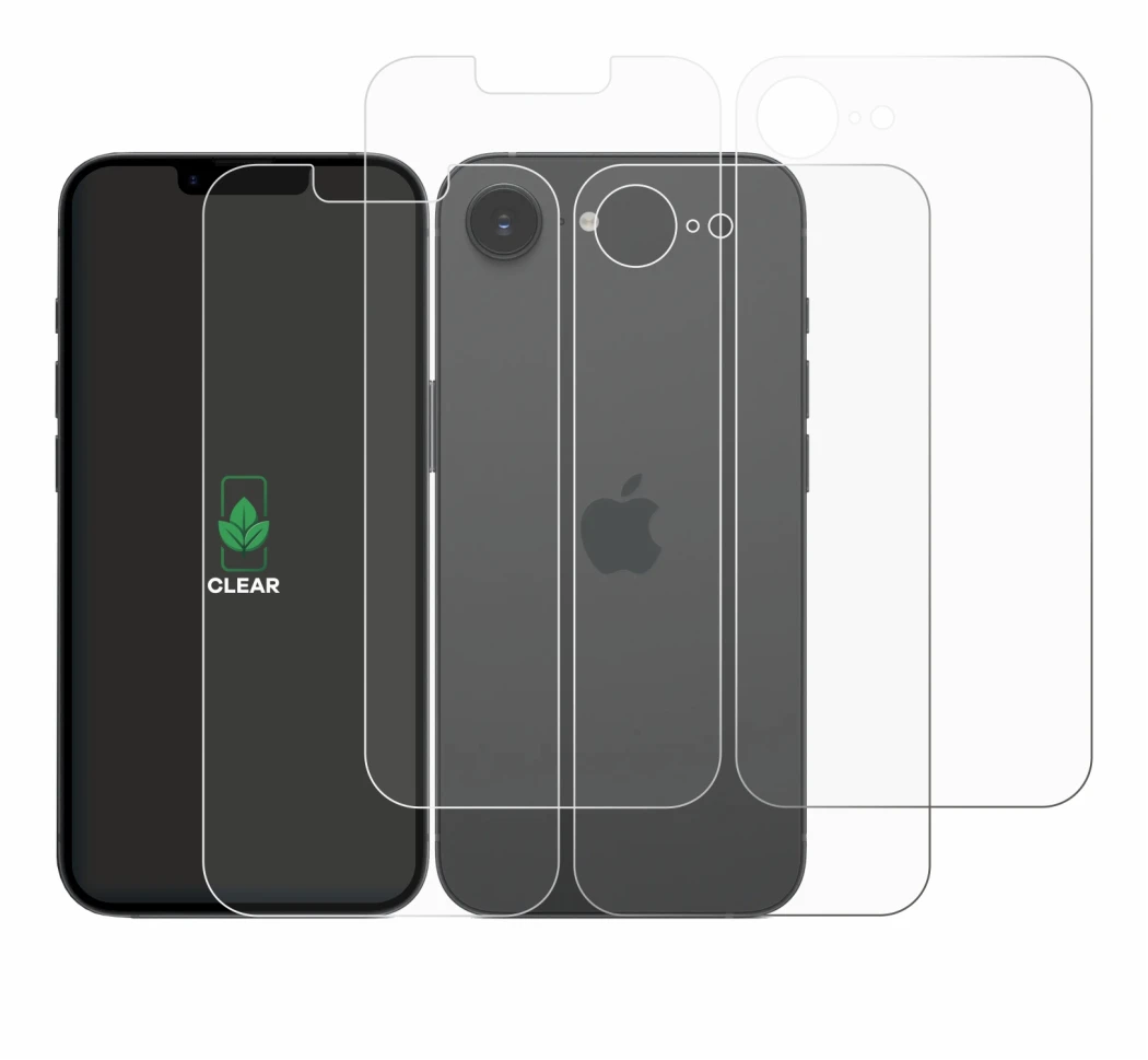 Imagen del dispositivo Apple iPhone 16e (Frontal+Trasero) con una amplia variedad de protectores de pantalla.