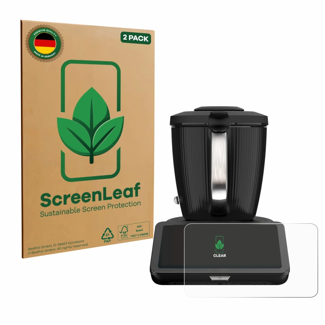 Parte frontal de un envase de producto con el logotipo de la marca ScreenLeaf. Al lado se muestra el dispositivo Vorwerk Therm