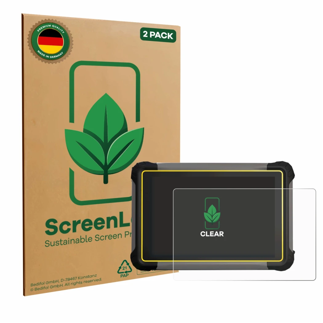 Parte frontal de un envase de producto con el logotipo de la marca ScreenLeaf. Al lado se muestra el dispositivo Leica iCON CC