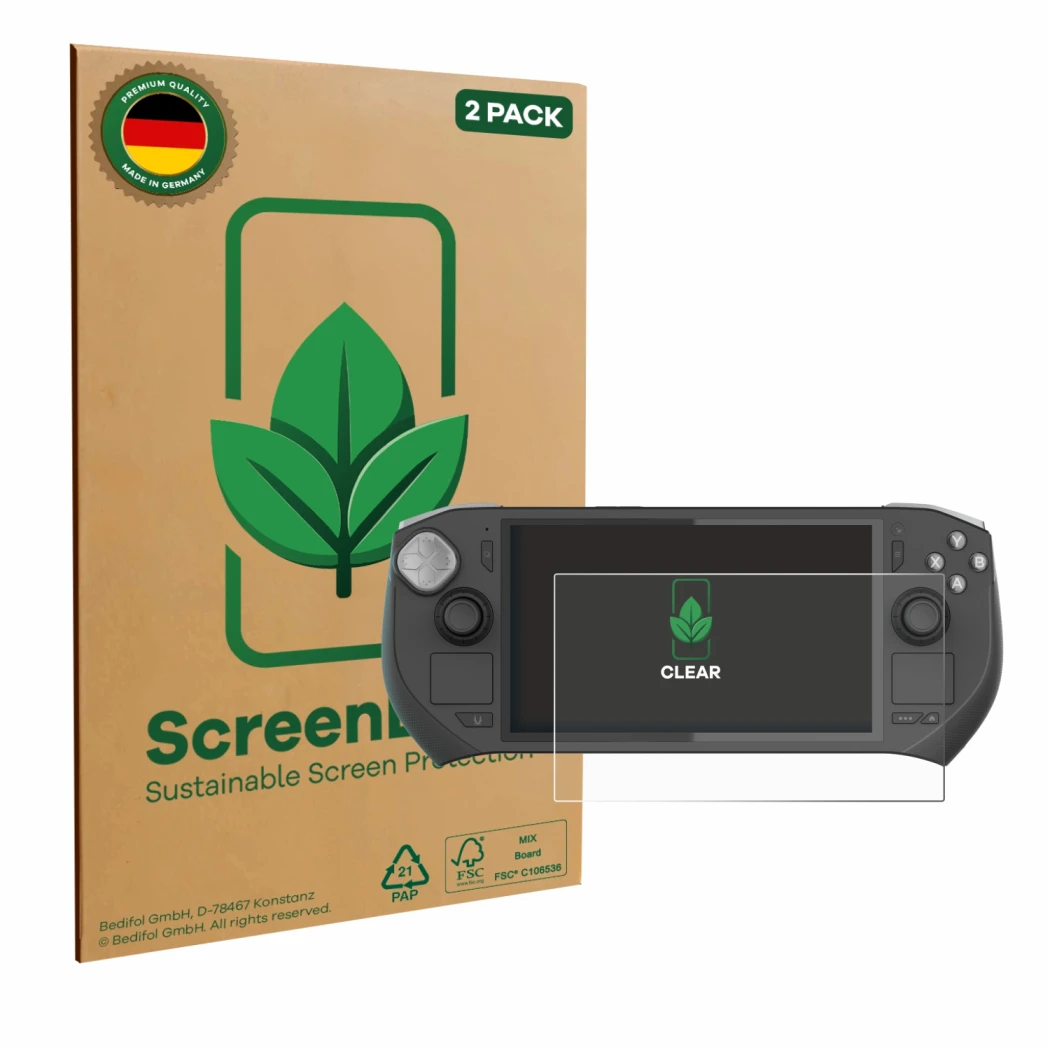 Parte frontal de un envase de producto con el logotipo de la marca ScreenLeaf. Al lado se muestra el dispositivo Zotac Gaming 