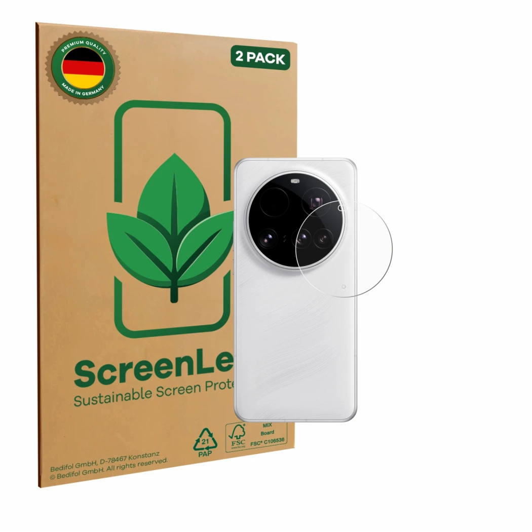 Parte frontal de un envase de producto con el logotipo de la marca ScreenLeaf. Al lado se muestra el dispositivo Xiaomi 15 Ult