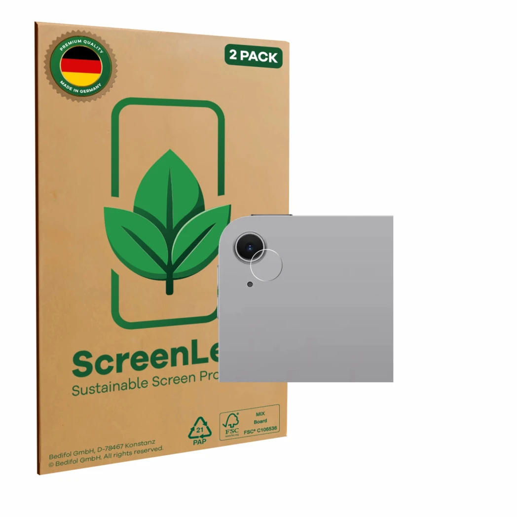 Parte frontal de un envase de producto con el logotipo de la marca ScreenLeaf. Al lado se muestra el dispositivo Apple iPad Ai
