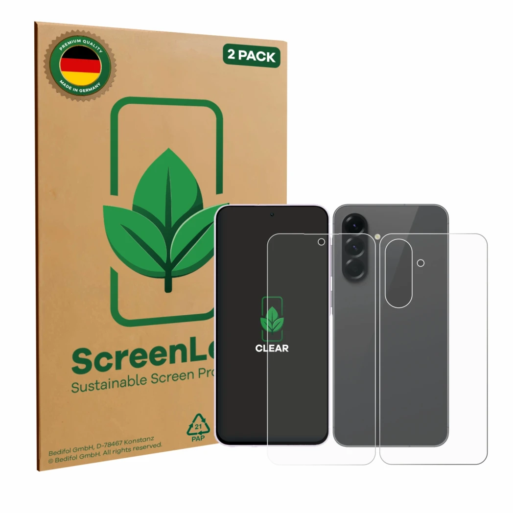 Parte frontal de un envase de producto con el logotipo de la marca ScreenLeaf. Al lado se muestra el dispositivo Samsung Galax