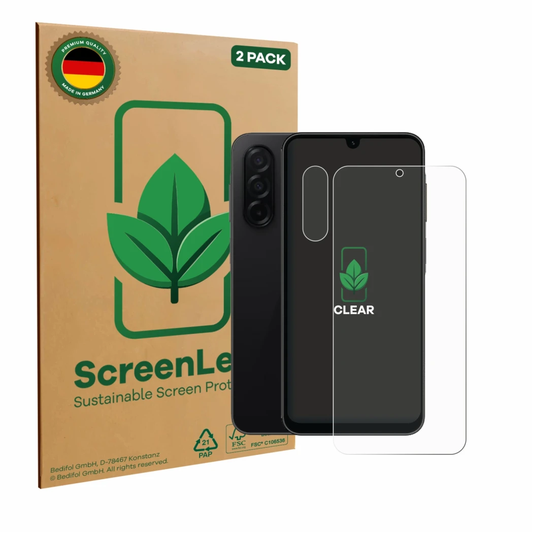 Parte frontal de un envase de producto con el logotipo de la marca ScreenLeaf. Al lado se muestra el dispositivo Samsung Galax