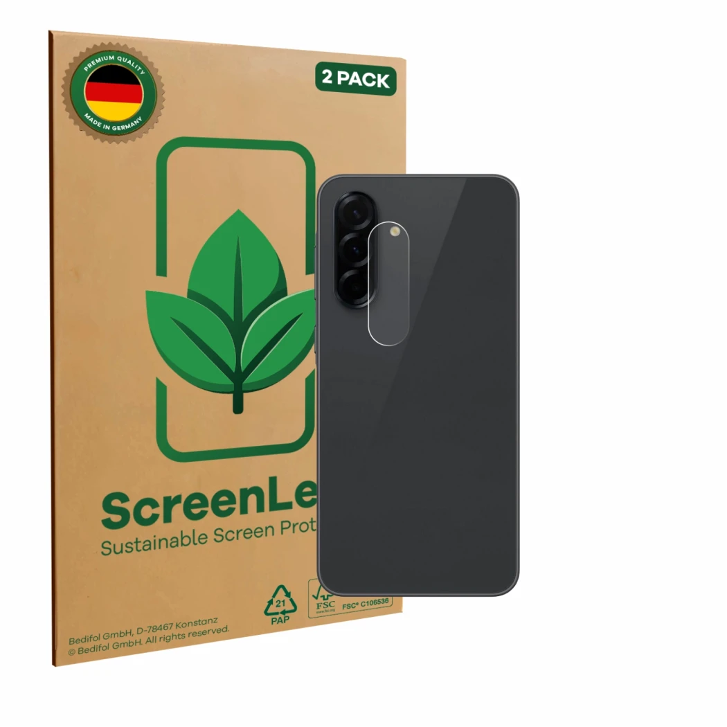 Parte frontal de un envase de producto con el logotipo de la marca ScreenLeaf. Al lado se muestra el dispositivo Samsung Galax