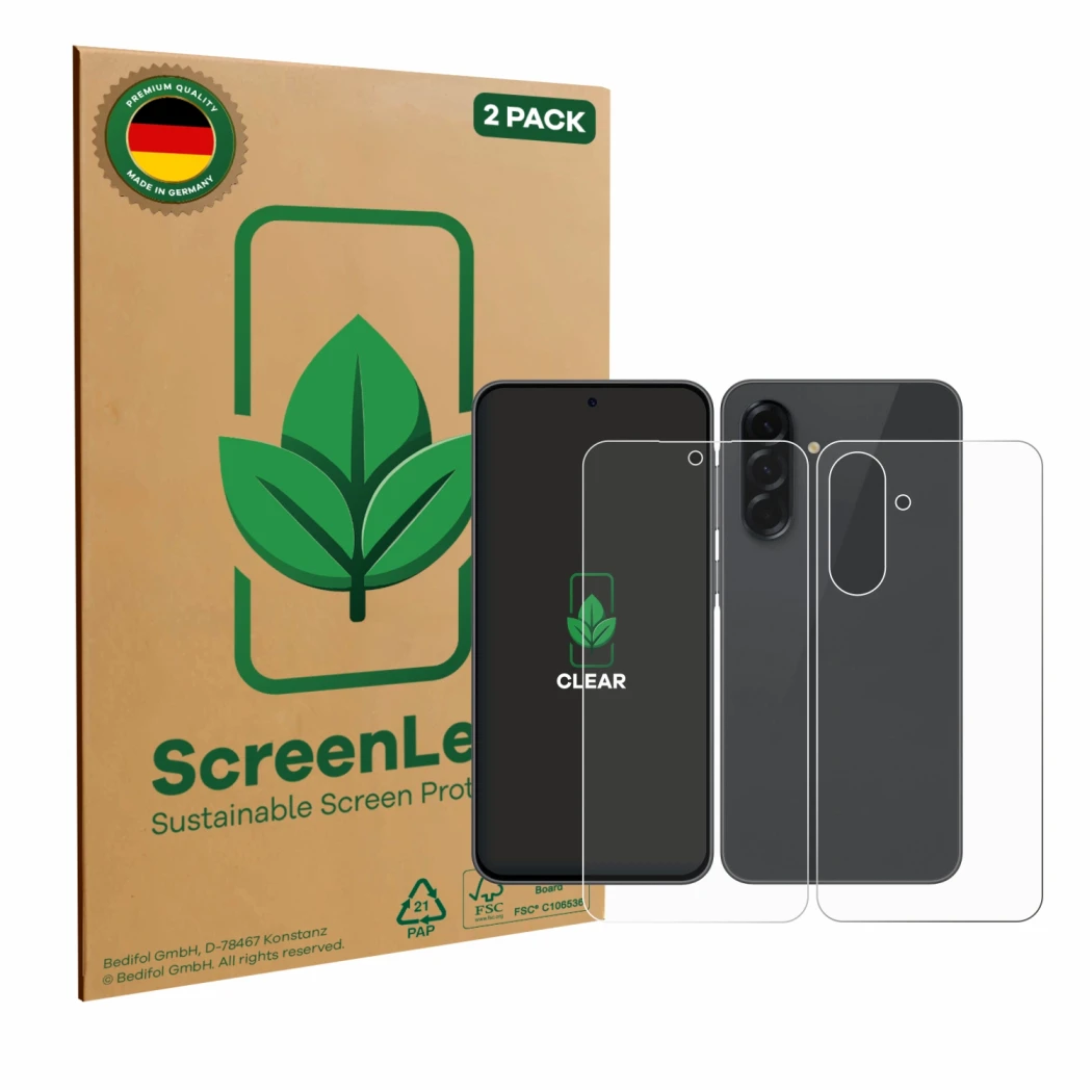 Parte frontal de un envase de producto con el logotipo de la marca ScreenLeaf. Al lado se muestra el dispositivo Samsung Galax