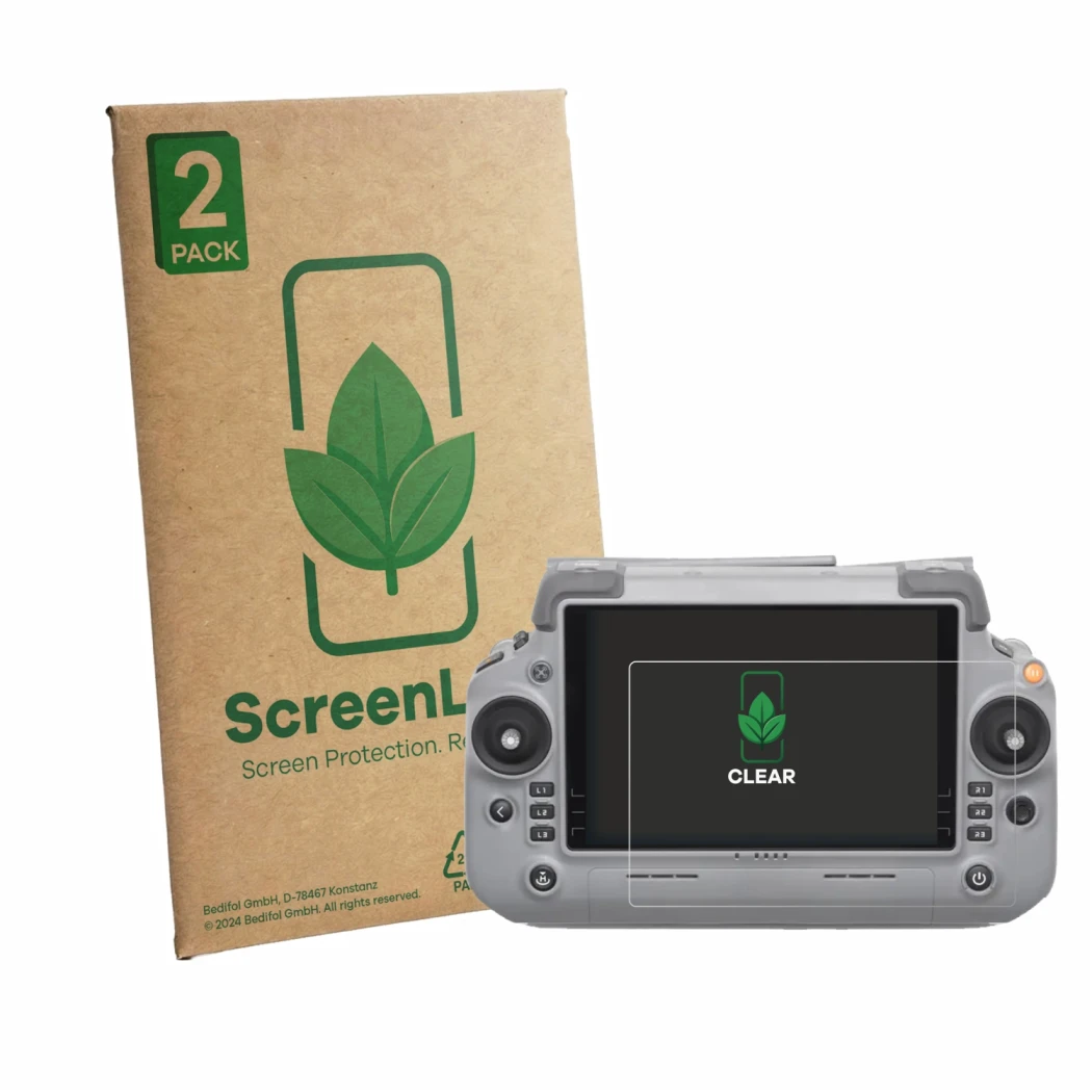 Parte frontal de un envase de producto con el logotipo de la marca ScreenLeaf. Al lado se muestra el dispositivo DJI RC Plus 2