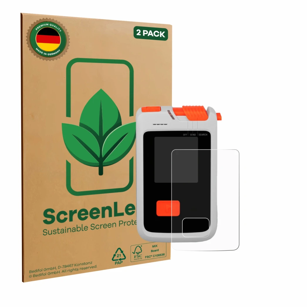 Parte frontal de un envase de producto con el logotipo de la marca ScreenLeaf. Al lado se muestra el dispositivo Mammut Barryv