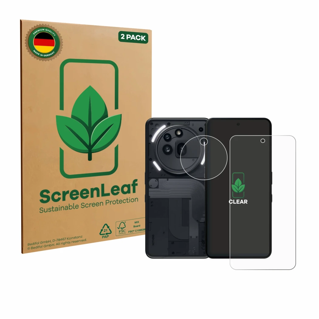 Parte frontal de un envase de producto con el logotipo de la marca ScreenLeaf. Al lado se muestra el dispositivo Nothing Phone