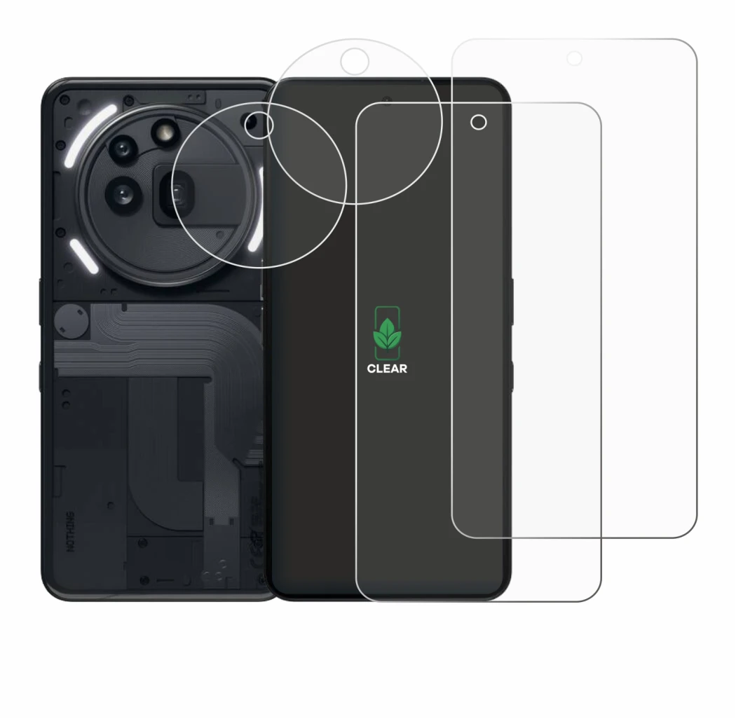 Imagen del dispositivo Nothing Phone (3a) Pro (Frontal+Cámara) con una amplia variedad de protectores de pantalla.