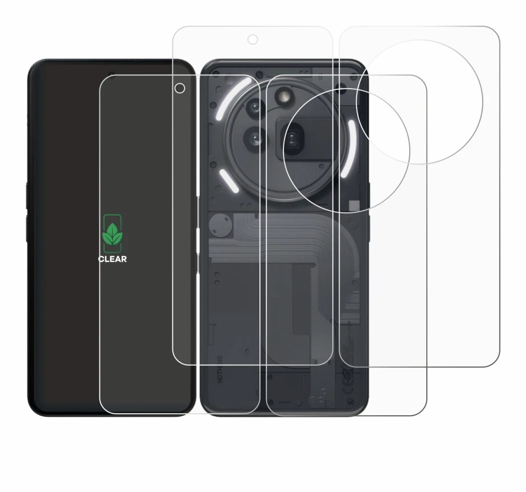 Imagen del dispositivo Nothing Phone (3a) Pro (Frontal+Trasero) con una amplia variedad de protectores de pantalla.