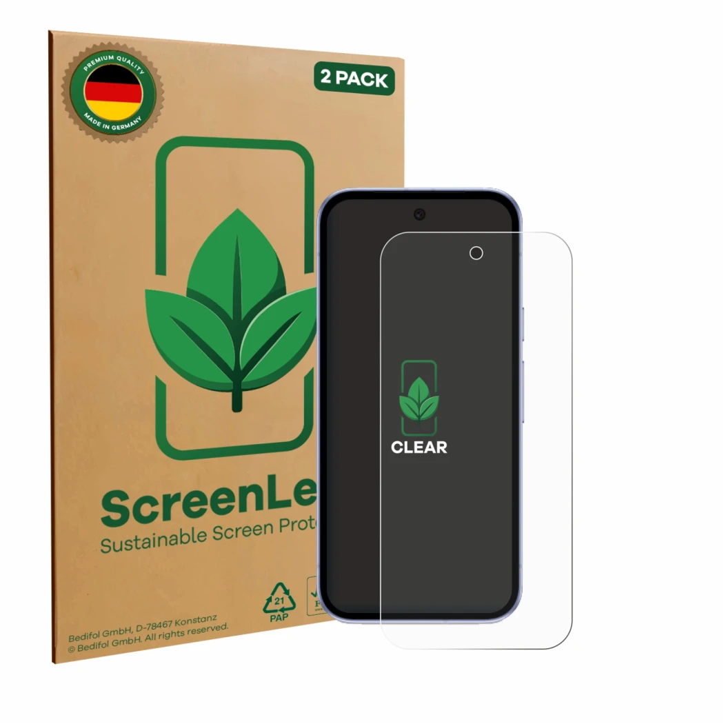 Parte frontal de un envase de producto con el logotipo de la marca ScreenLeaf. Al lado se muestra el dispositivo Google Pixel 