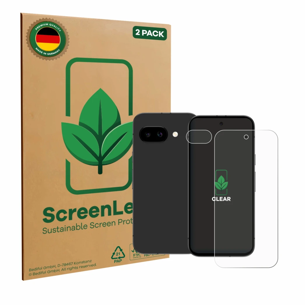 Parte frontal de un envase de producto con el logotipo de la marca ScreenLeaf. Al lado se muestra el dispositivo Google Pixel 