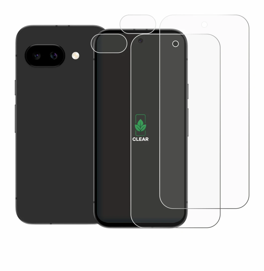 Imagen del dispositivo Google Pixel 9a (Frontal+Cámara) con una amplia variedad de protectores de pantalla.