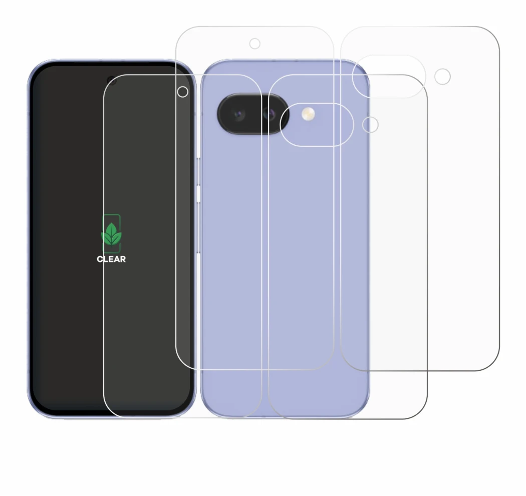 Imagen del dispositivo Google Pixel 9a (Frontal+Trasero) con una amplia variedad de protectores de pantalla.