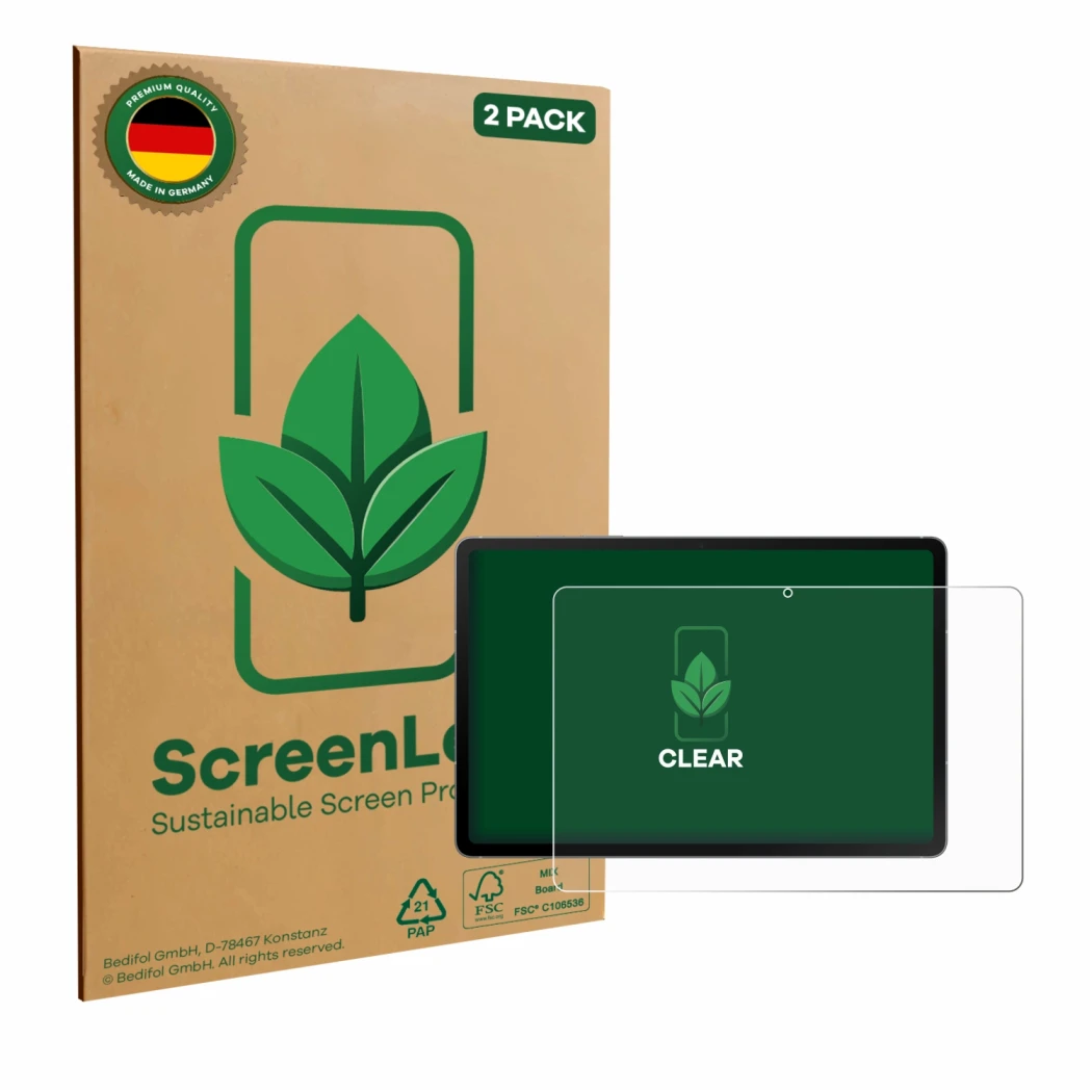Parte frontal de un envase de producto con el logotipo de la marca ScreenLeaf. Al lado se muestra el dispositivo Samsung Galax