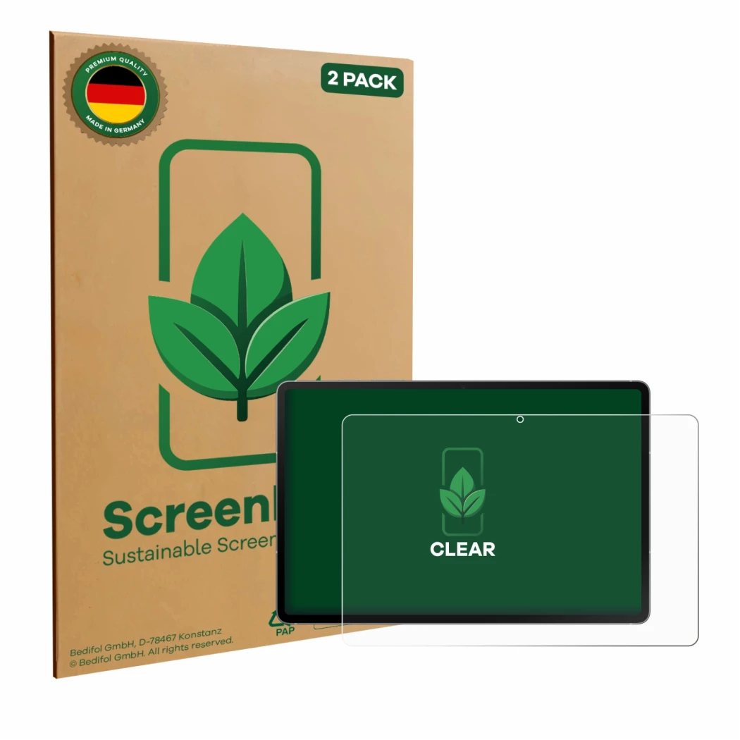 Parte frontal de un envase de producto con el logotipo de la marca ScreenLeaf. Al lado se muestra el dispositivo Samsung Galax