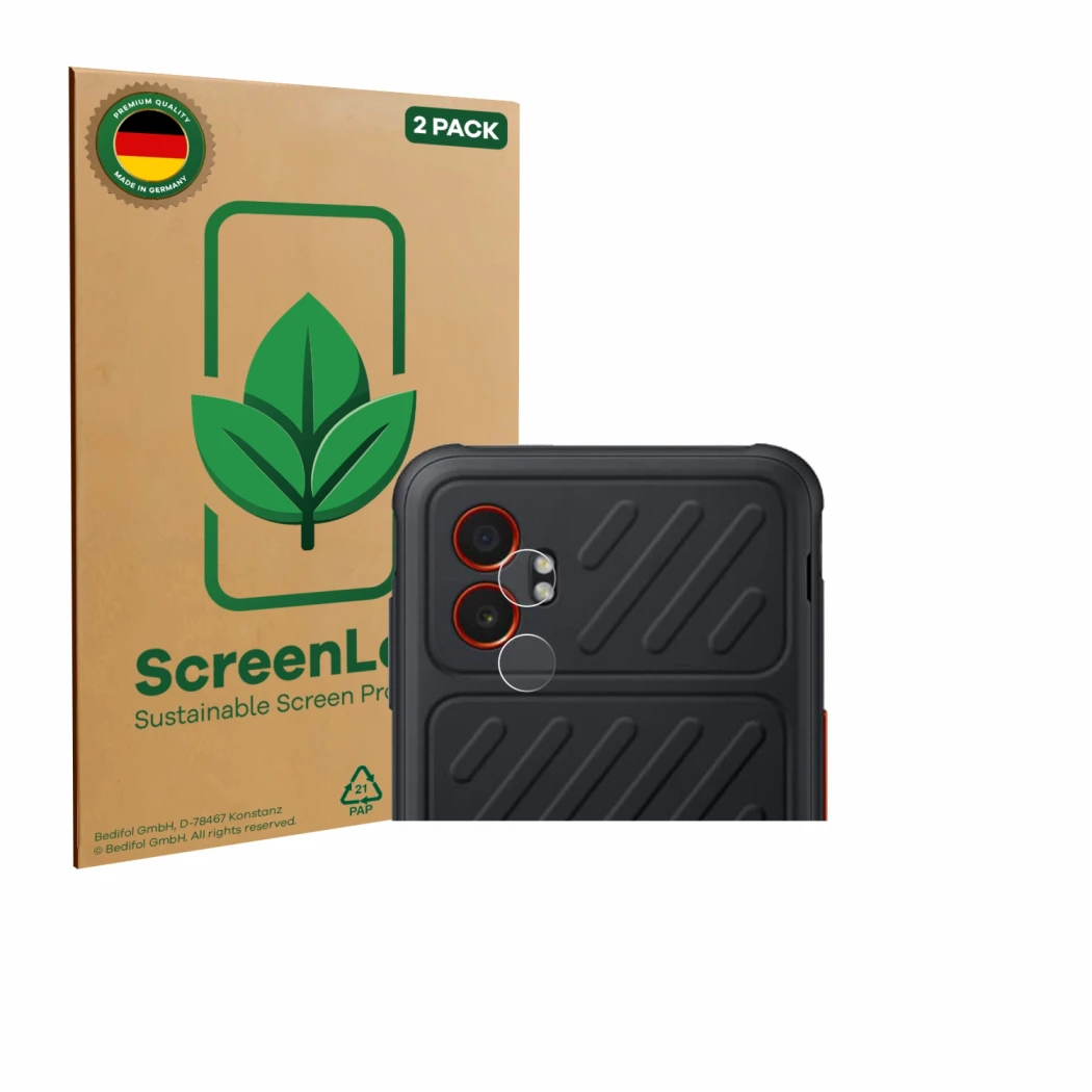 Parte frontal de un envase de producto con el logotipo de la marca ScreenLeaf. Al lado se muestra el dispositivo Samsung Galax
