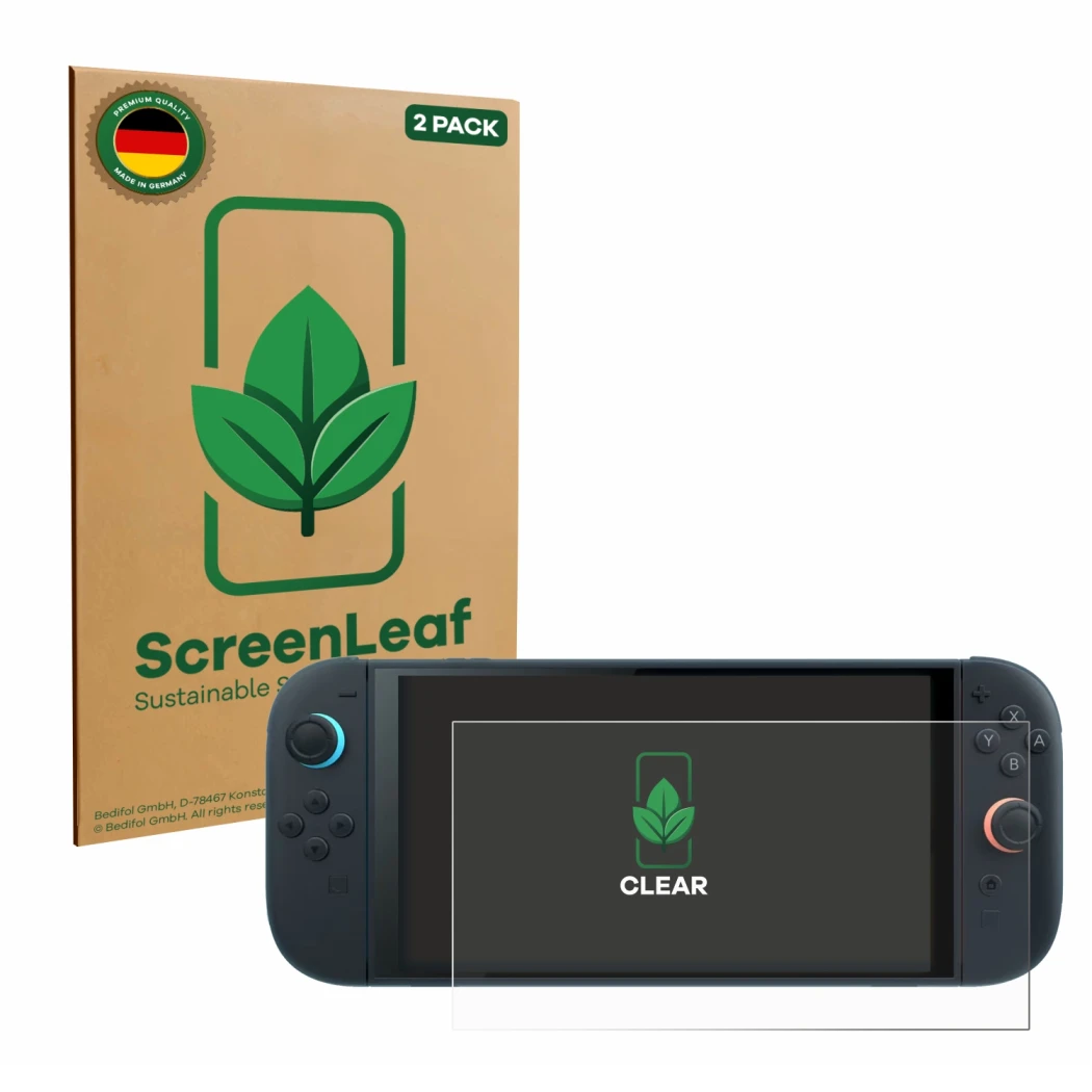 Parte frontal de un envase de producto con el logotipo de la marca ScreenLeaf. Al lado se muestra el dispositivo Nintendo Swit