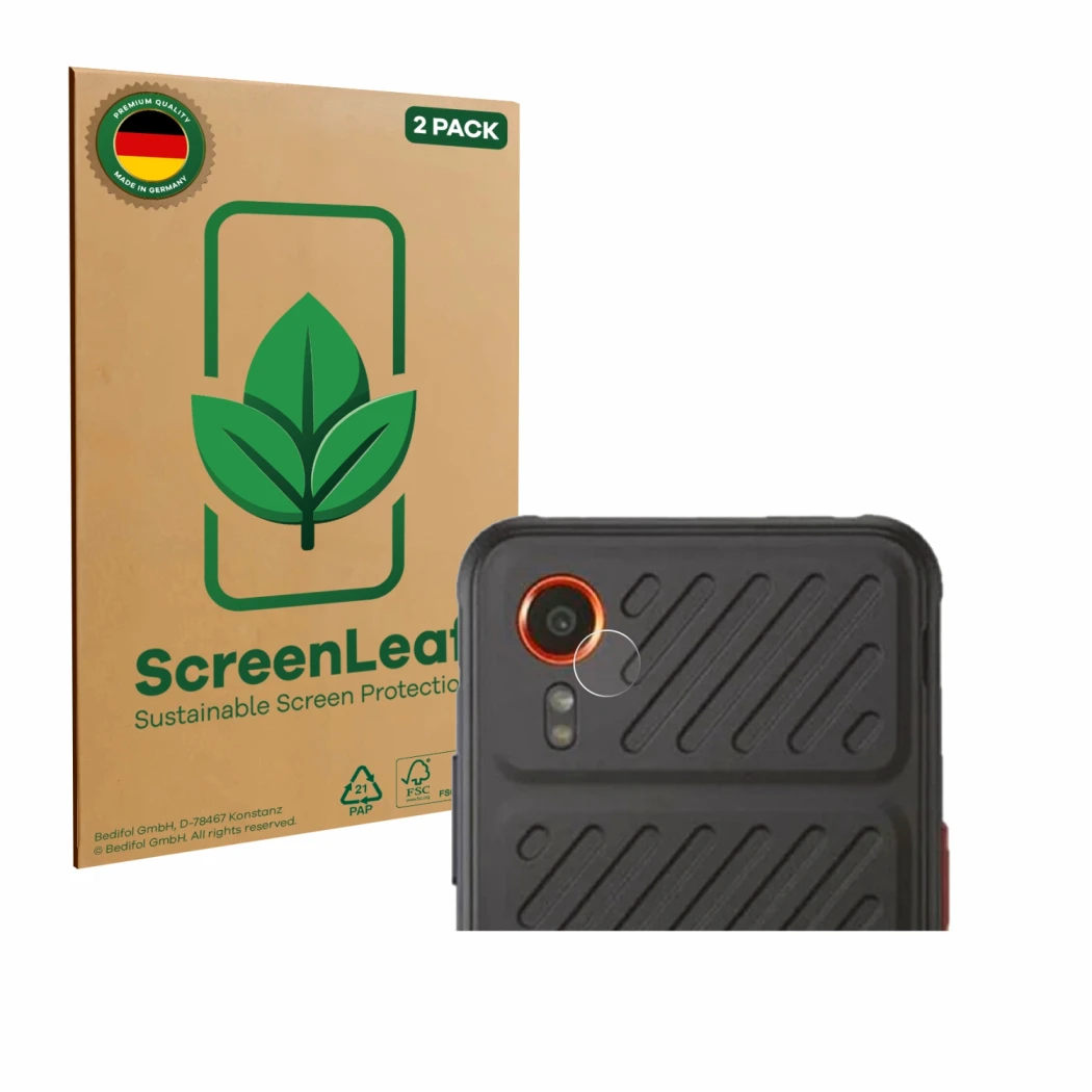 Parte frontal de un envase de producto con el logotipo de la marca ScreenLeaf. Al lado se muestra el dispositivo Samsung Galax