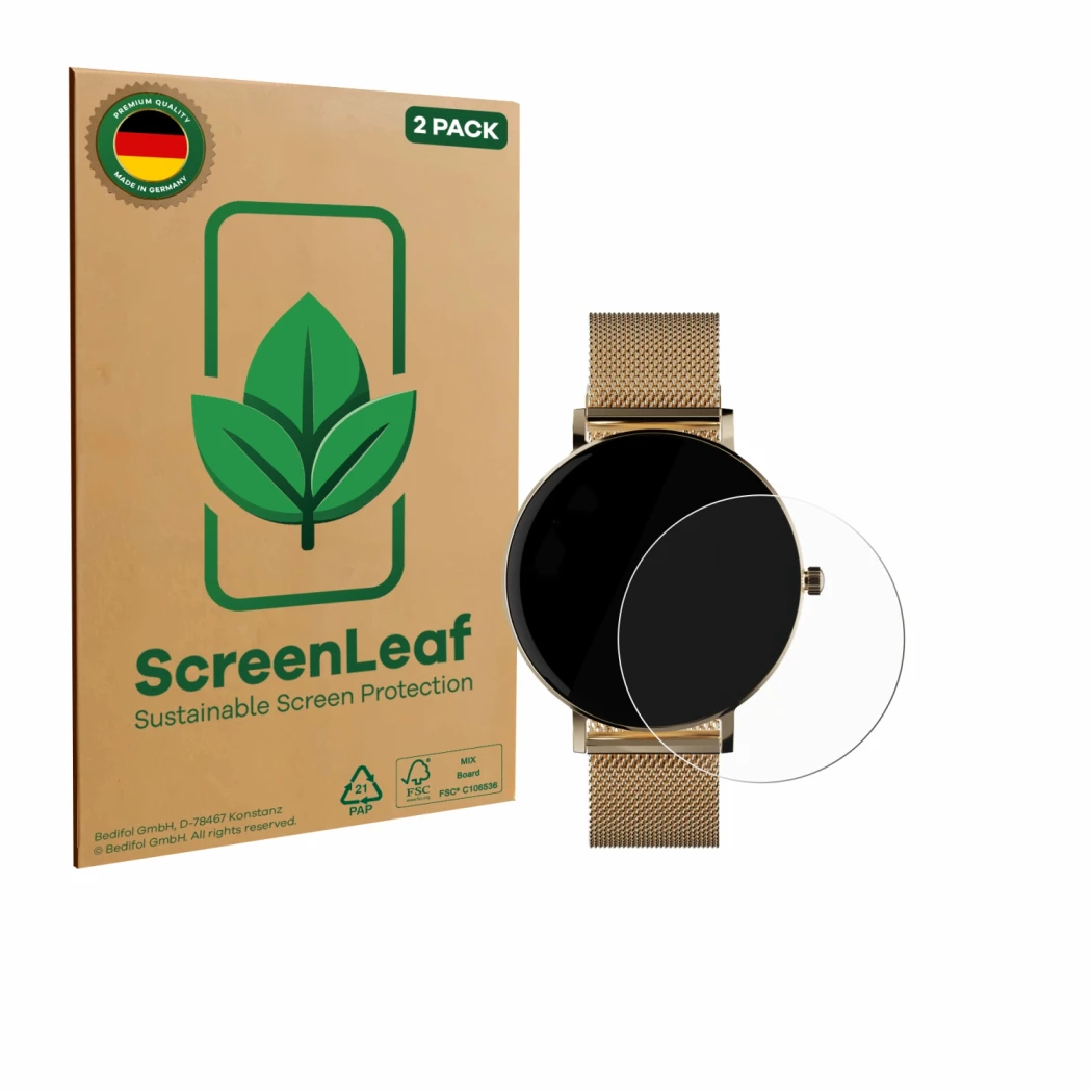 Parte frontal de un envase de producto con el logotipo de la marca ScreenLeaf. Al lado se muestra el dispositivo ZenWatch Veni