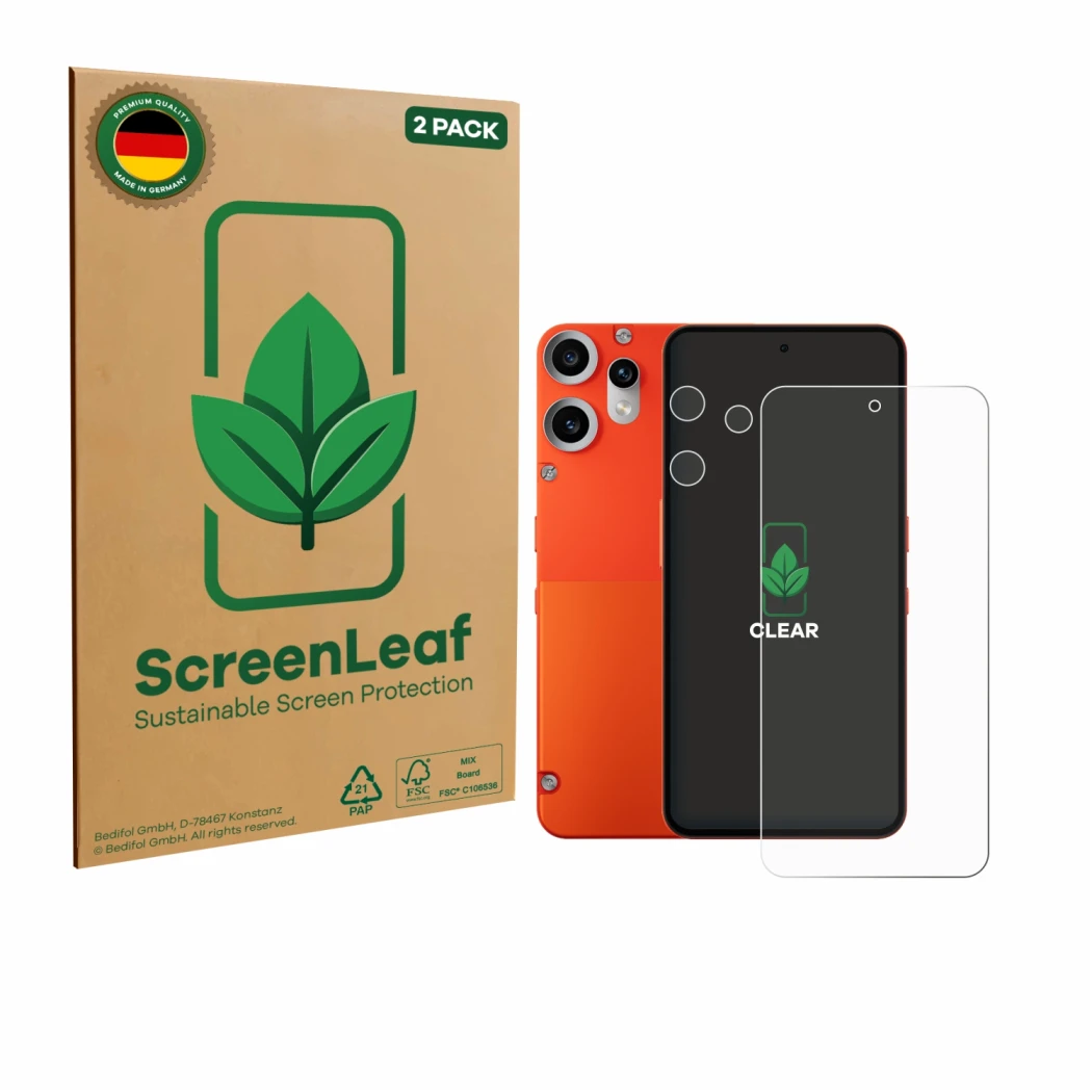 Parte frontal de un envase de producto con el logotipo de la marca ScreenLeaf. Al lado se muestra el dispositivo Nothing CMF P
