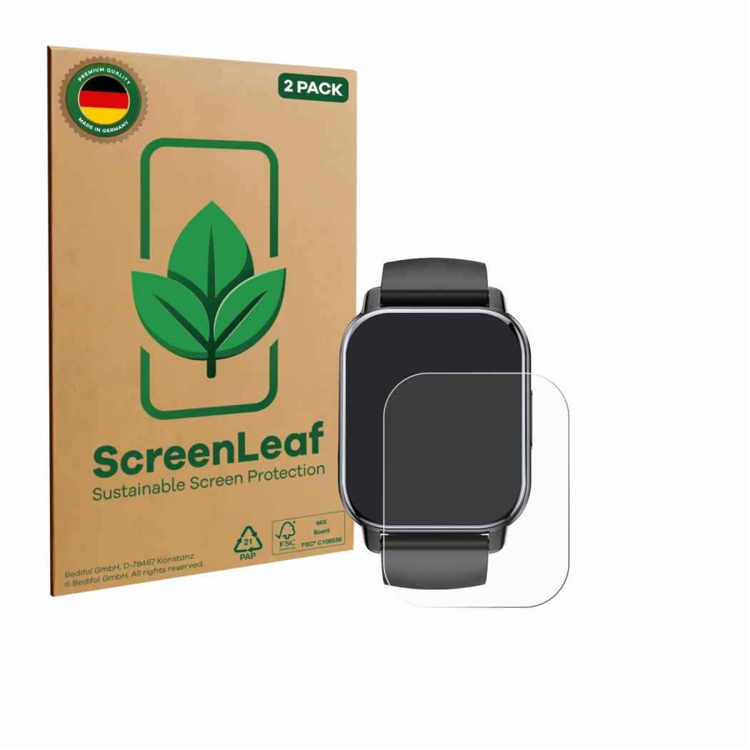 Parte frontal de un envase de producto con el logotipo de la marca ScreenLeaf. Al lado se muestra el dispositivo Poounur T80 1