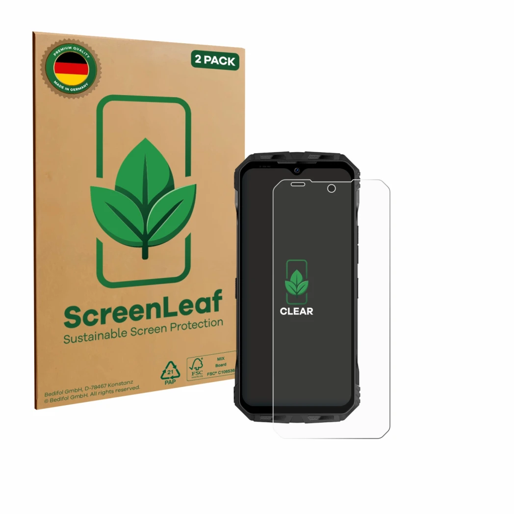 Parte frontal de un envase de producto con el logotipo de la marca ScreenLeaf. Al lado se muestra el dispositivo Doogee V Max 