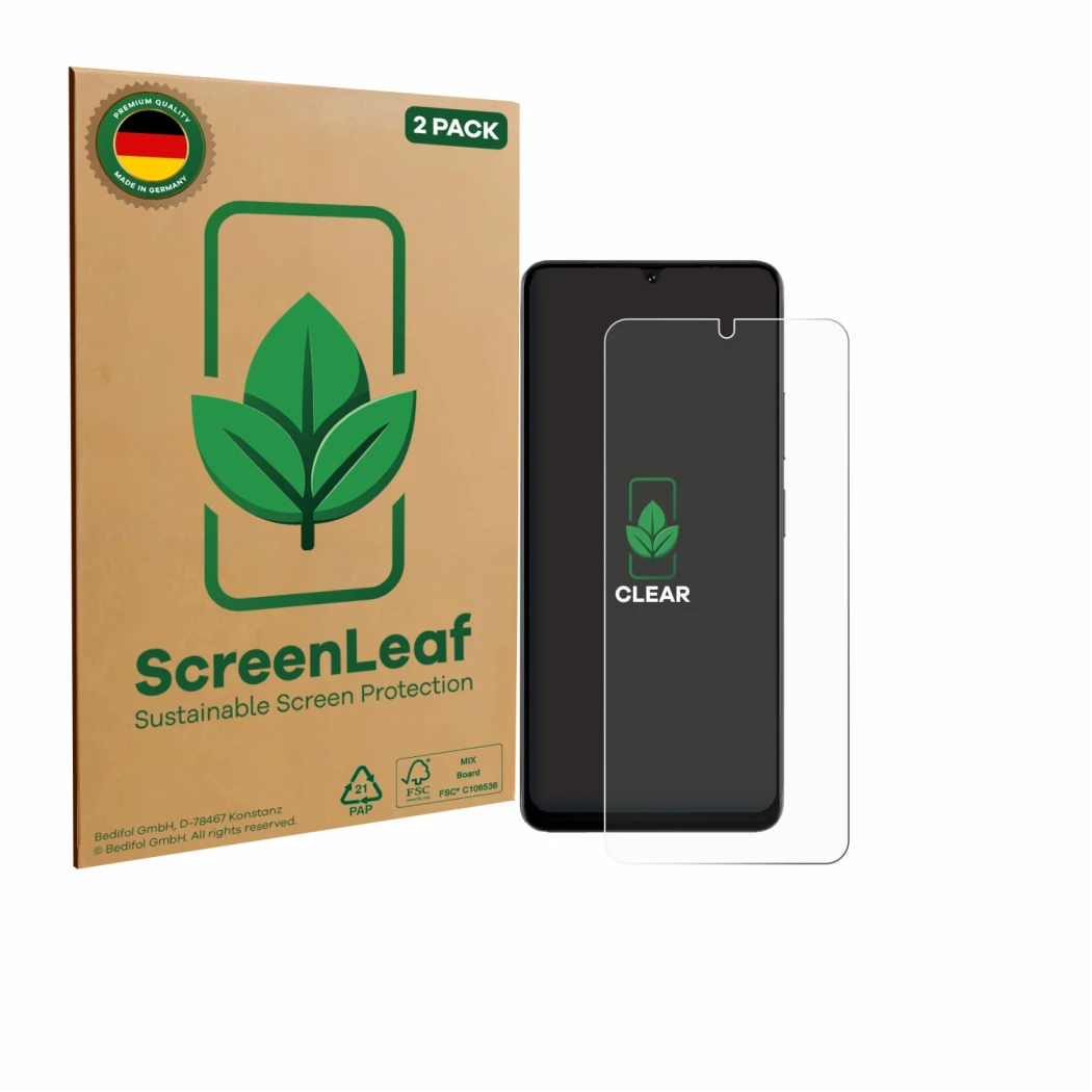 Parte frontal de un envase de producto con el logotipo de la marca ScreenLeaf. Al lado se muestra el dispositivo Doogee Note 5