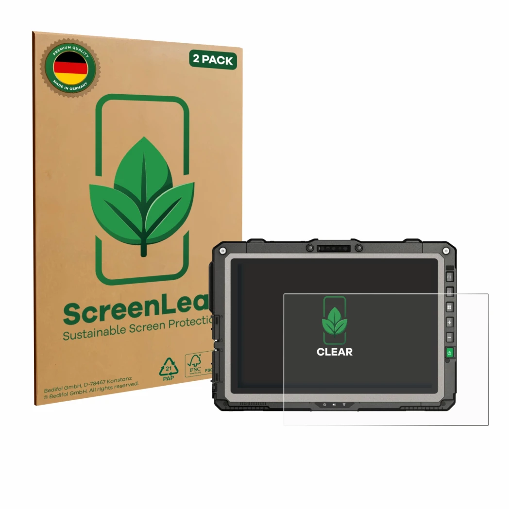 Parte frontal de un envase de producto con el logotipo de la marca ScreenLeaf. Al lado se muestra el dispositivo Getac UX10 G3