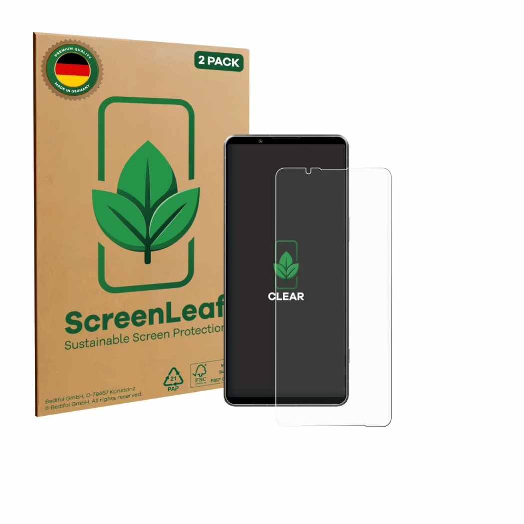 Parte frontal de un envase de producto con el logotipo de la marca ScreenLeaf. Al lado se muestra el dispositivo Sony Xperia 1