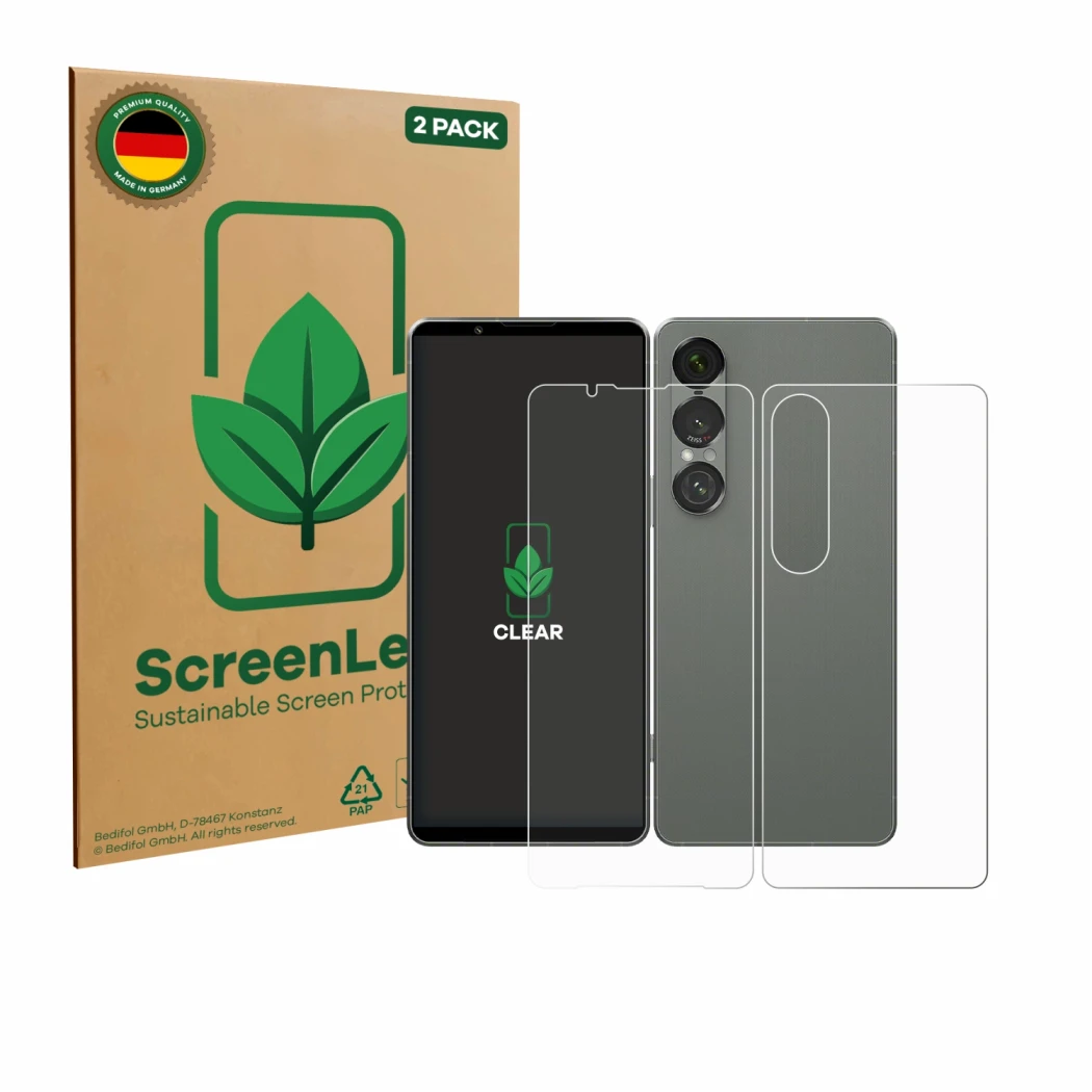 Parte frontal de un envase de producto con el logotipo de la marca ScreenLeaf. Al lado se muestra el dispositivo Sony Xperia 1