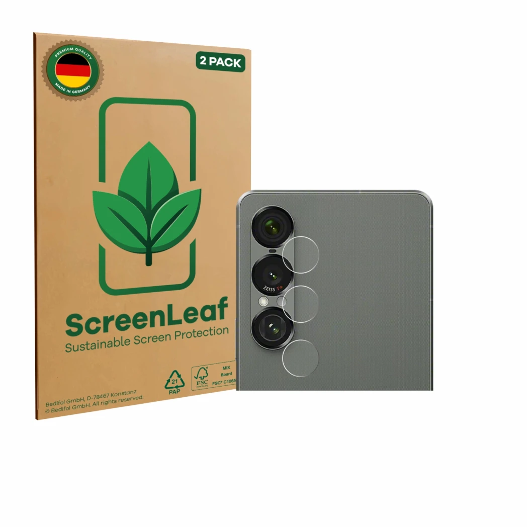 Parte frontal de un envase de producto con el logotipo de la marca ScreenLeaf. Al lado se muestra el dispositivo Sony Xperia 1