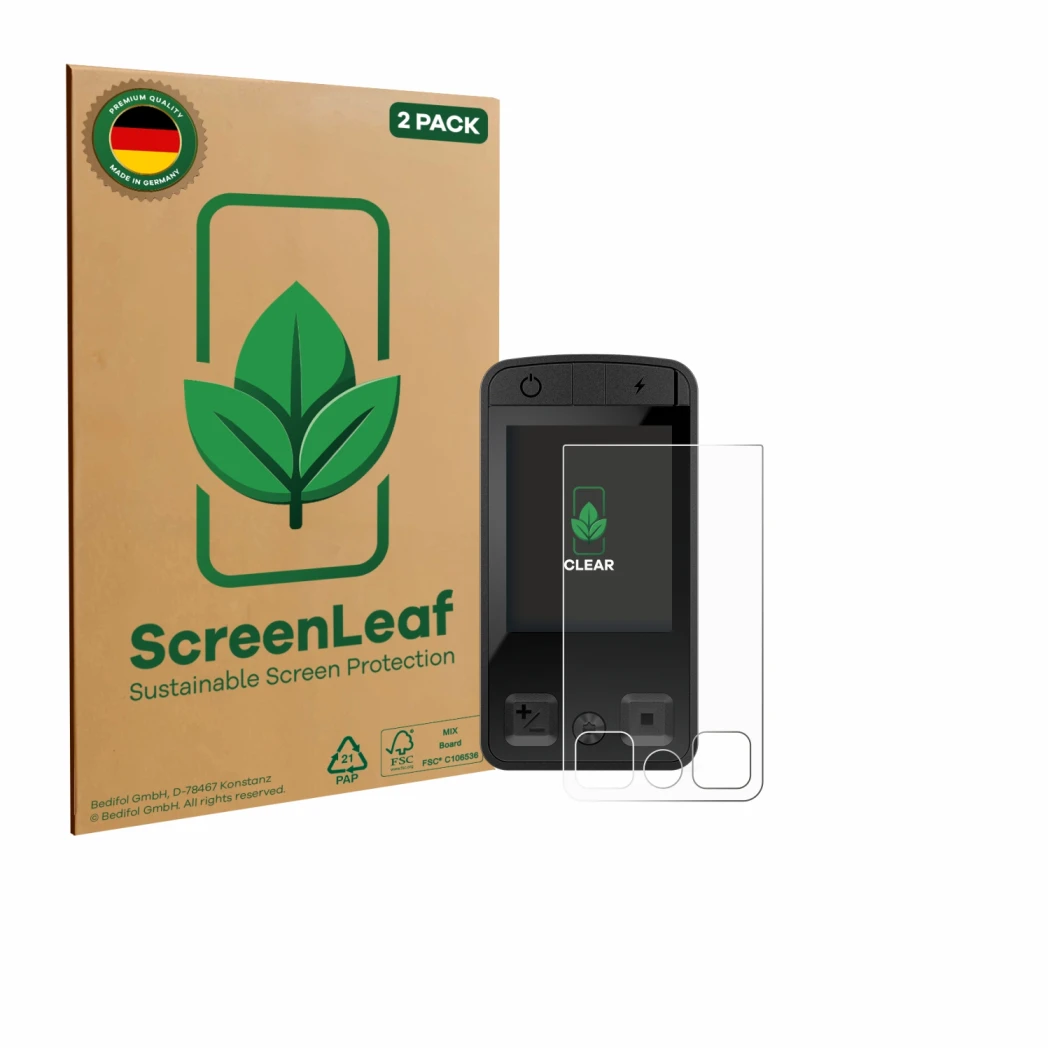 Parte frontal de un envase de producto con el logotipo de la marca ScreenLeaf. Al lado se muestra el dispositivo Bosch Kiox 40