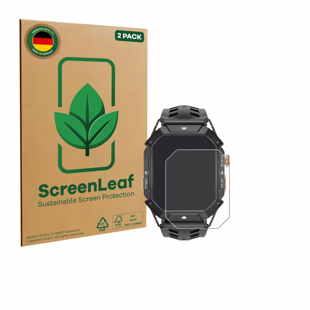 Parte frontal de un envase de producto con el logotipo de la marca ScreenLeaf. Al lado se muestra el dispositivo Oukitel BT80 