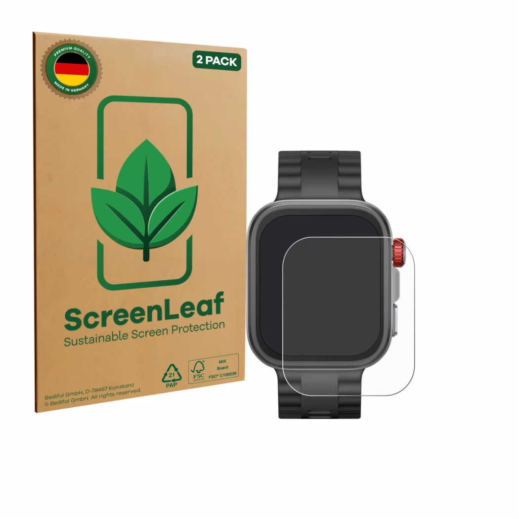 Parte frontal de un envase de producto con el logotipo de la marca ScreenLeaf. Al lado se muestra el dispositivo Huawei Watch 
